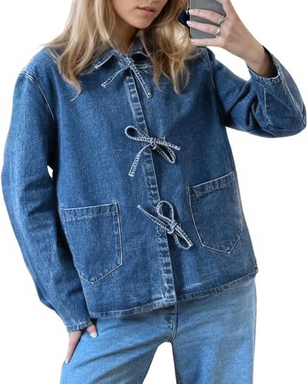 Womens Tie Front Jean Jacket Lightweight Casual Loose Long Sleeve Denim Shacket Coat with Pockets