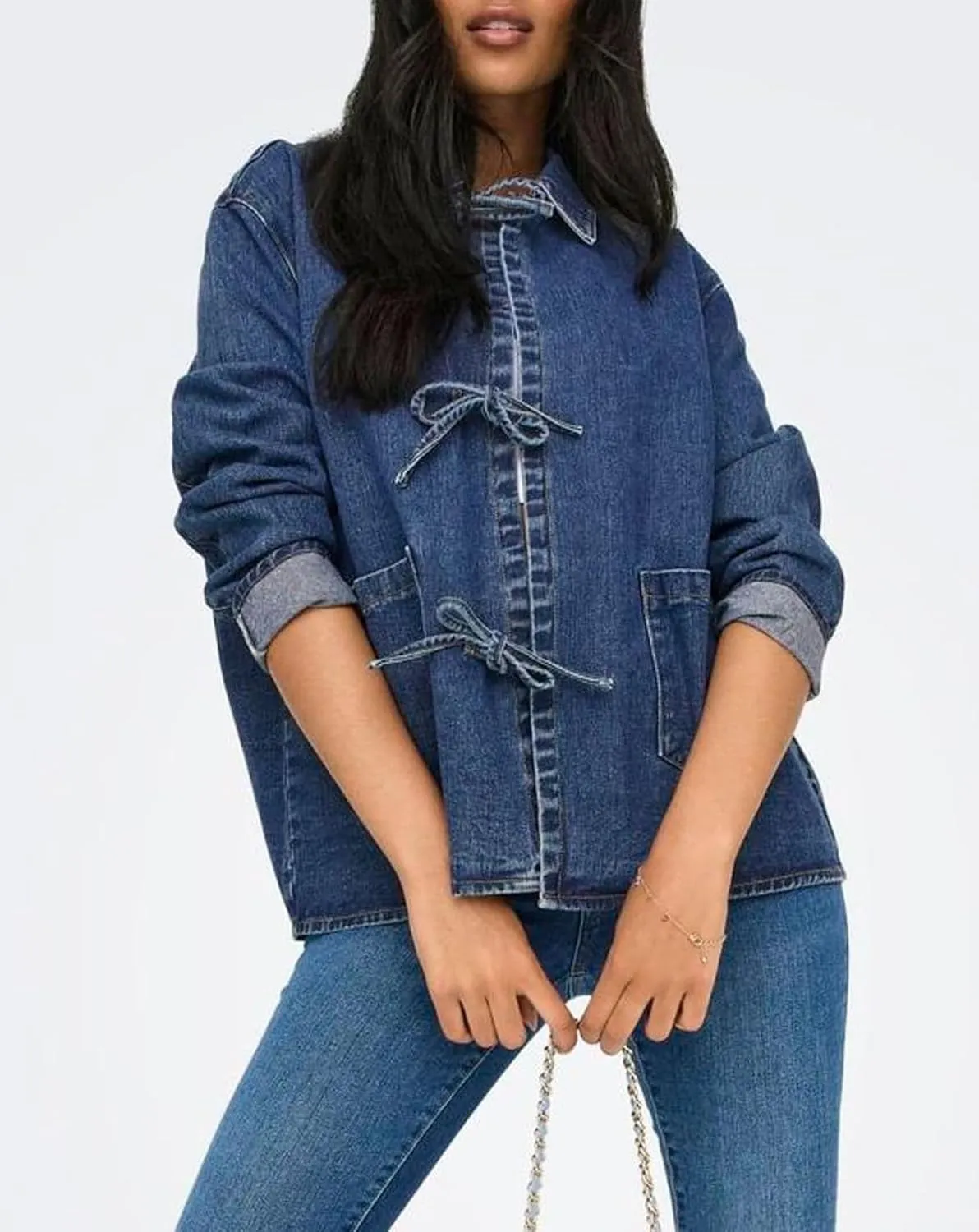 Womens Tie Front Jean Jacket Lightweight Casual Loose Long Sleeve Denim Shacket Coat with Pockets