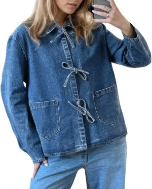 Womens Tie Front Jean Jacket Lightweight Casual Loose Long Sleeve Denim Shacket Coat with Pockets