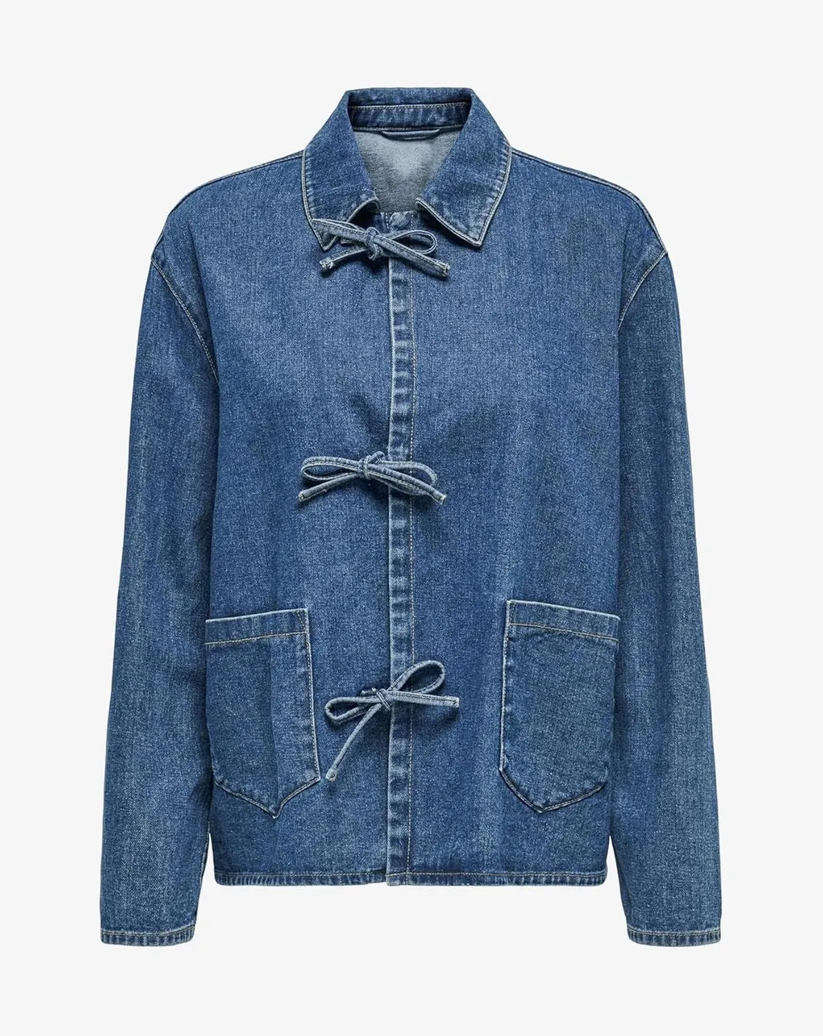 Womens Tie Front Jean Jacket Lightweight Casual Loose Long Sleeve Denim Shacket Coat with Pockets