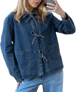 Womens Tie Front Jean Jacket Lightweight Casual Loose Long Sleeve Denim Shacket Coat with Pockets