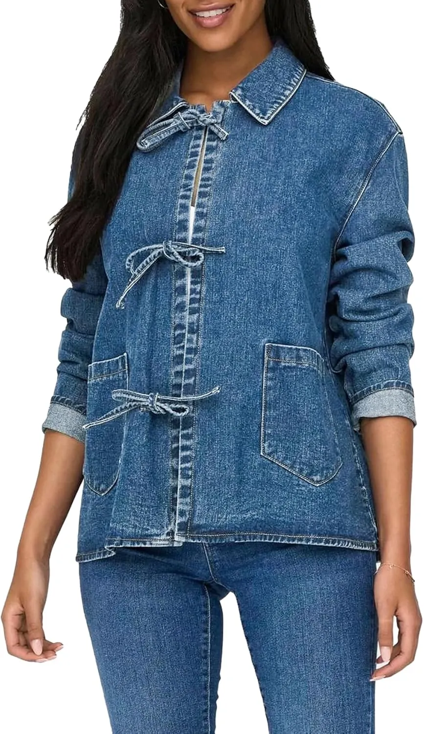 Womens Tie Front Jean Jacket Lightweight Casual Loose Long Sleeve Denim Shacket Coat with Pockets
