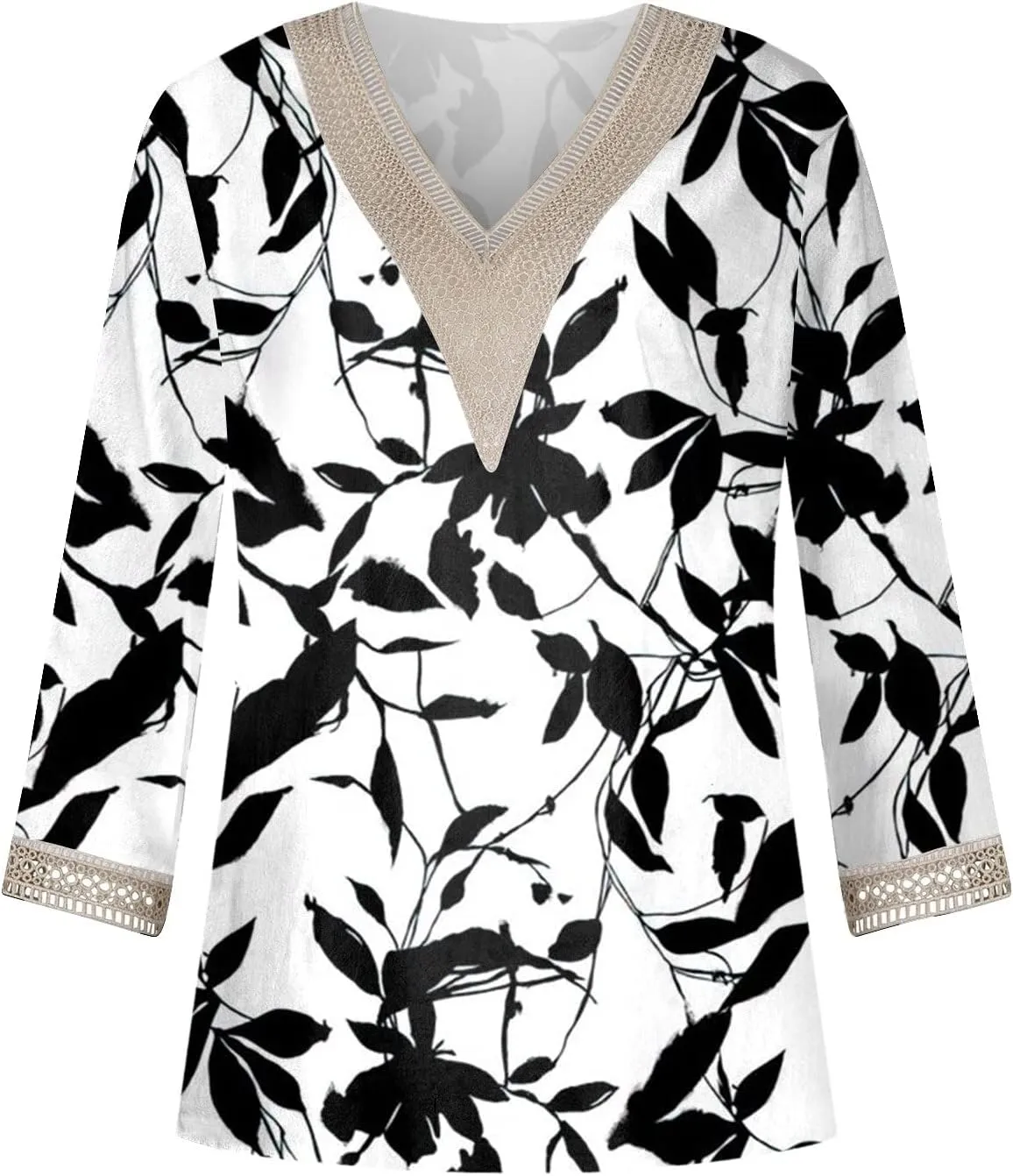 Womens Tops Casual 3/4 Sleeve Summer Tops for Women Lace Trim V Neck Shirts Summer Blouses Floral Print Clothing