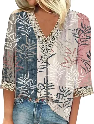 Womens Tops Casual 3/4 Sleeve Summer Tops for Women Lace Trim V Neck Shirts Summer Blouses Floral Print Clothing