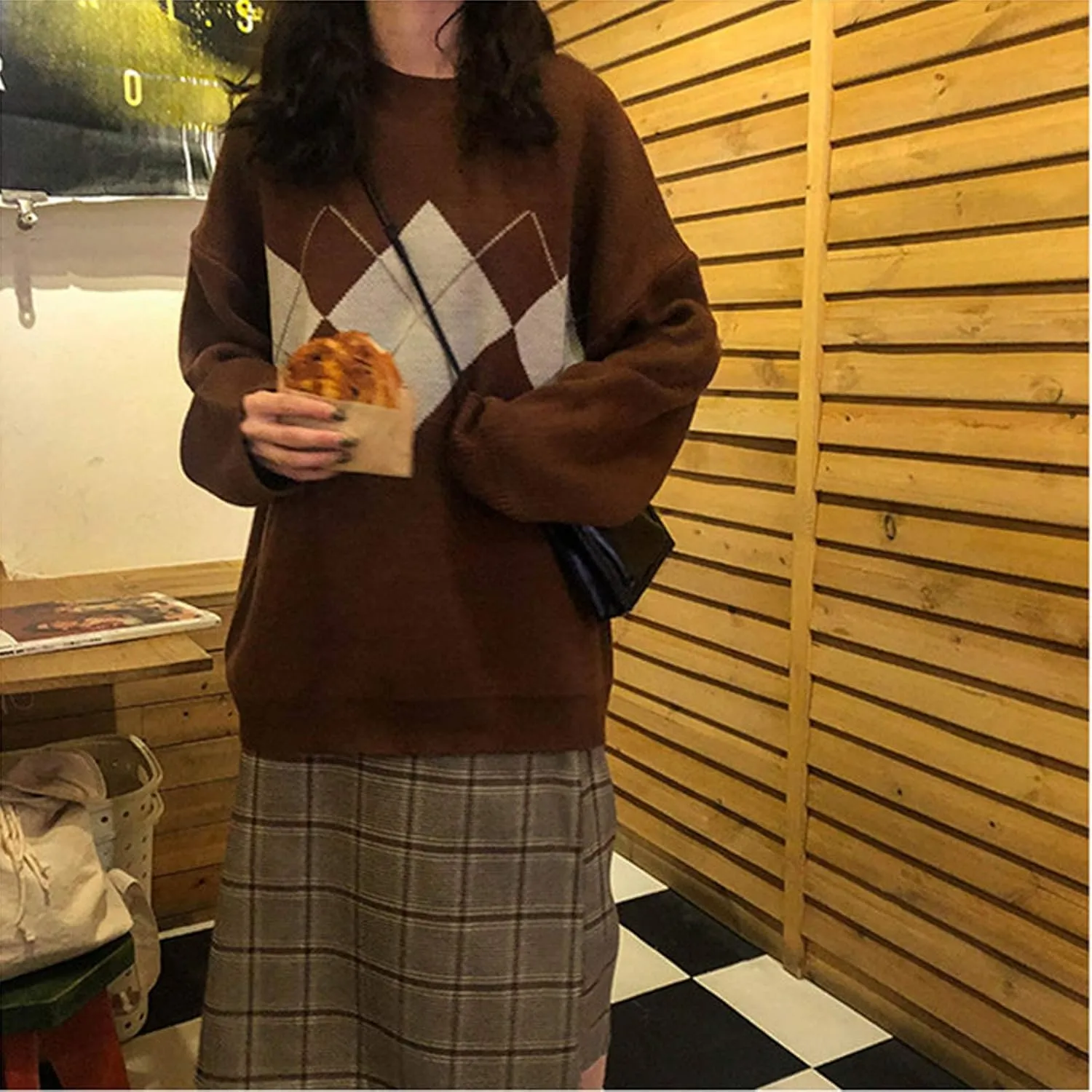 Womens Vintage Fair Isle Sweater Casual Loose Long Sleeve Crewneck Knitted Pullover Sweater Jumper Tops