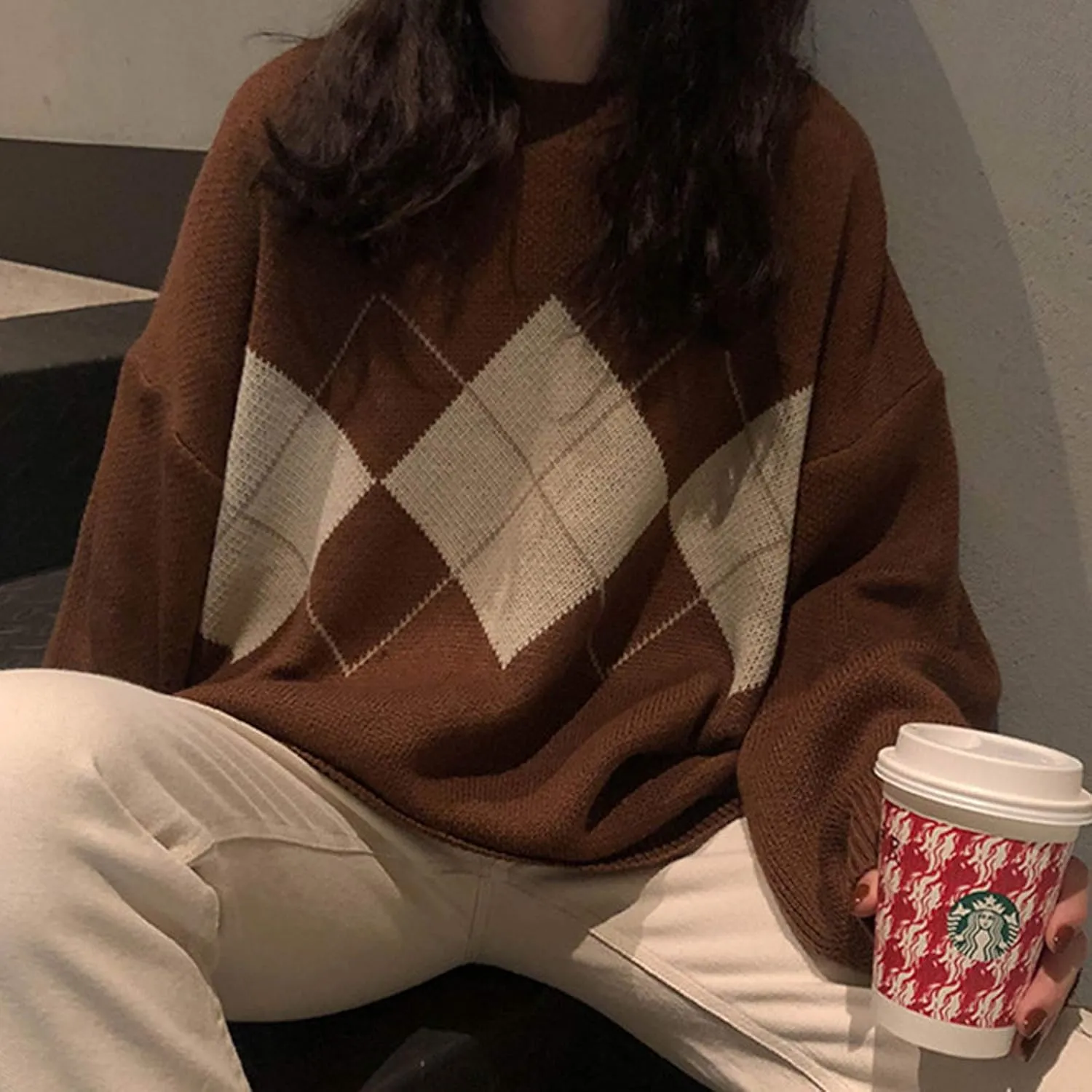Womens Vintage Fair Isle Sweater Casual Loose Long Sleeve Crewneck Knitted Pullover Sweater Jumper Tops