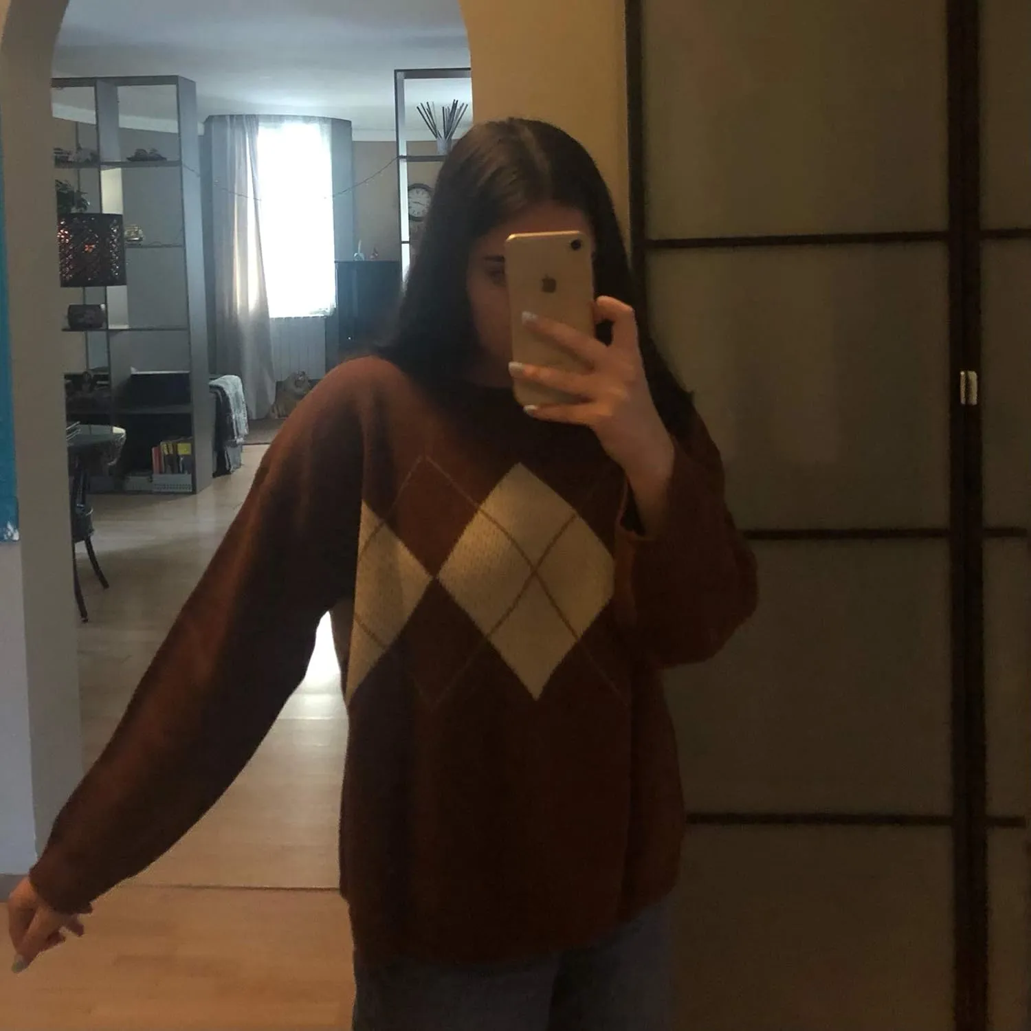 Womens Vintage Fair Isle Sweater Casual Loose Long Sleeve Crewneck Knitted Pullover Sweater Jumper Tops