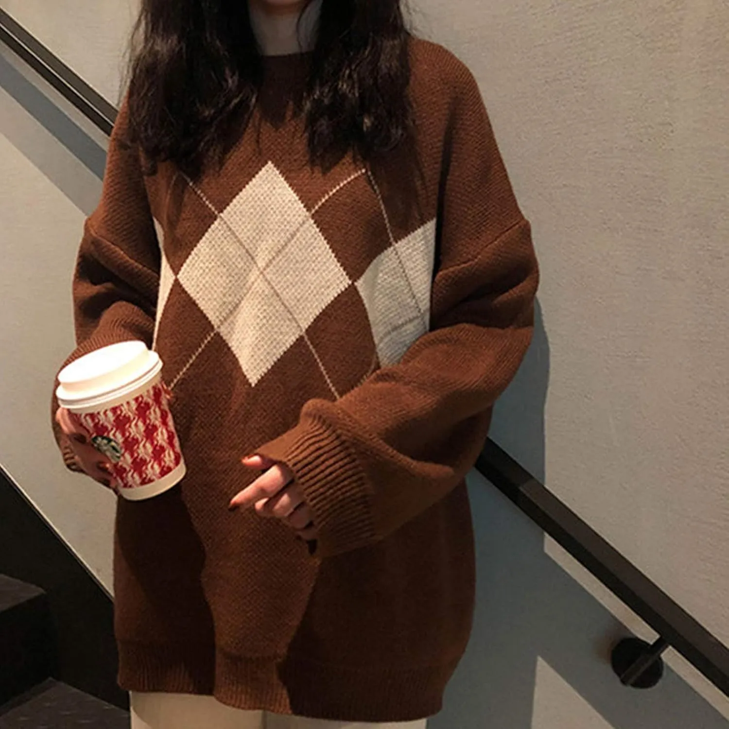 Womens Vintage Fair Isle Sweater Casual Loose Long Sleeve Crewneck Knitted Pullover Sweater Jumper Tops