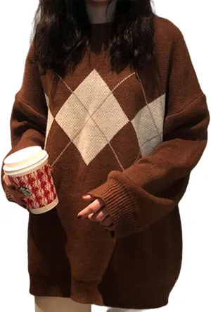 Womens Vintage Fair Isle Sweater Casual Loose Long Sleeve Crewneck Knitted Pullover Sweater Jumper Tops