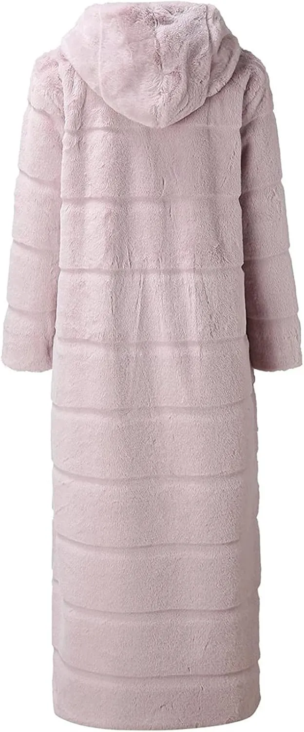Womens Warm Parka Coats Luxury Faux Fur Fluffy Maxi Jackets Winter Fashion Hooded Full-Length Outwear with Pockets