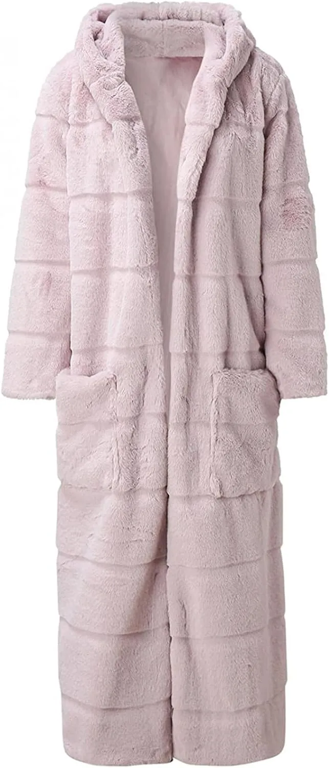 Womens Warm Parka Coats Luxury Faux Fur Fluffy Maxi Jackets Winter Fashion Hooded Full-Length Outwear with Pockets