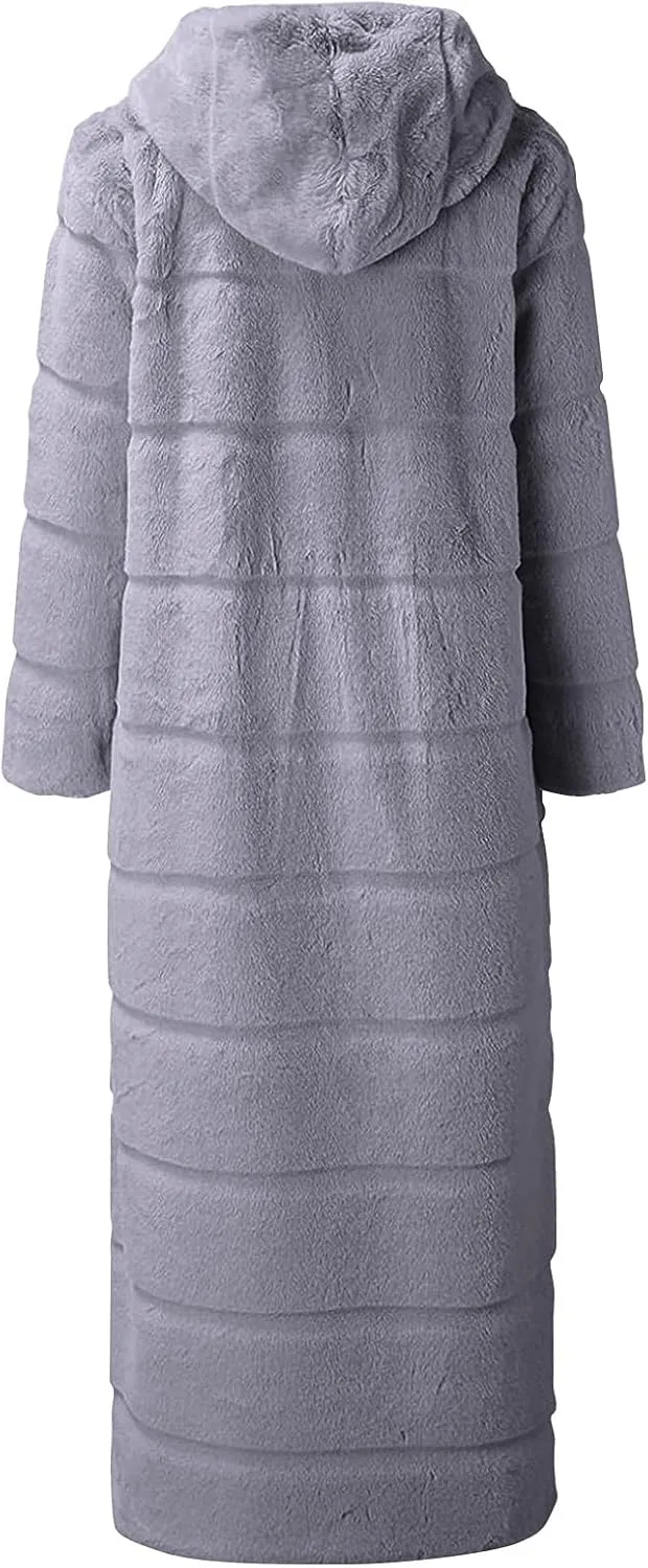 Womens Warm Parka Coats Luxury Faux Fur Fluffy Maxi Jackets Winter Fashion Hooded Full-Length Outwear with Pockets