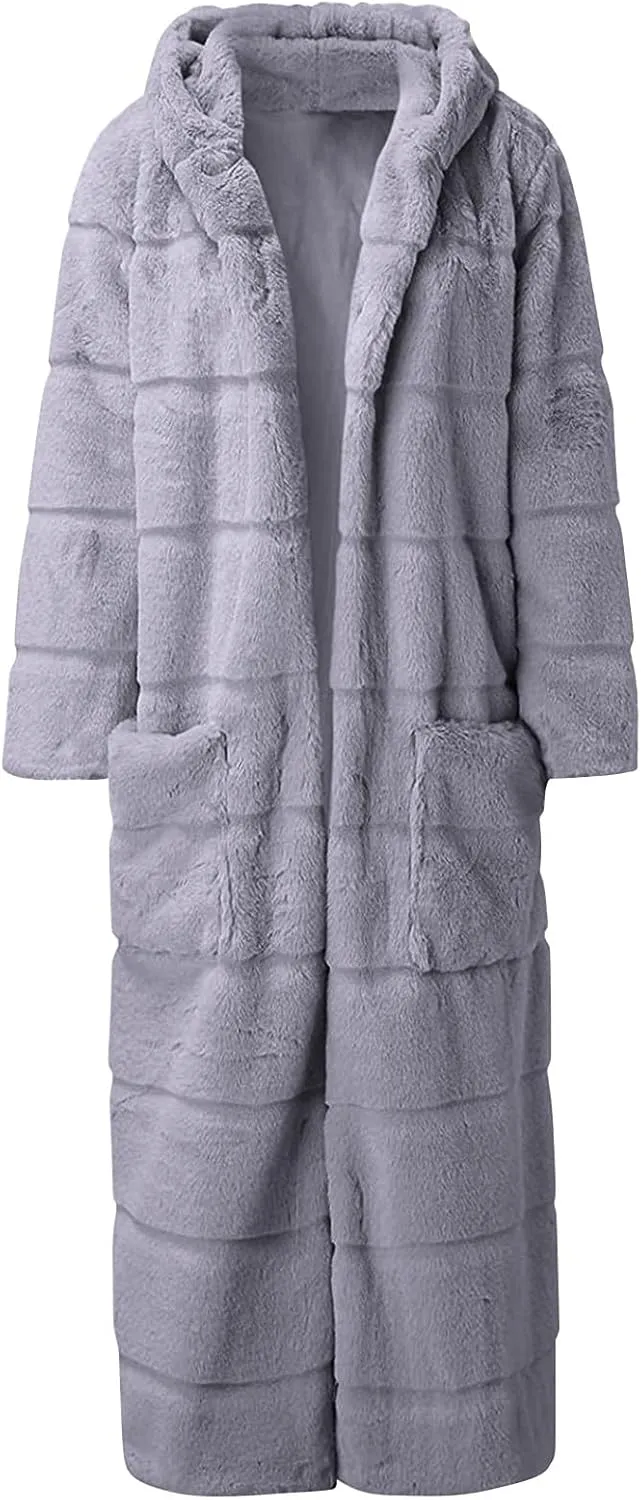 Womens Warm Parka Coats Luxury Faux Fur Fluffy Maxi Jackets Winter Fashion Hooded Full-Length Outwear with Pockets