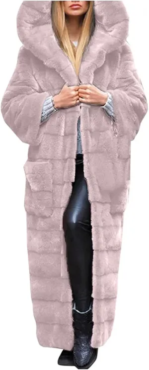 Womens Warm Parka Coats Luxury Faux Fur Fluffy Maxi Jackets Winter Fashion Hooded Full-Length Outwear with Pockets
