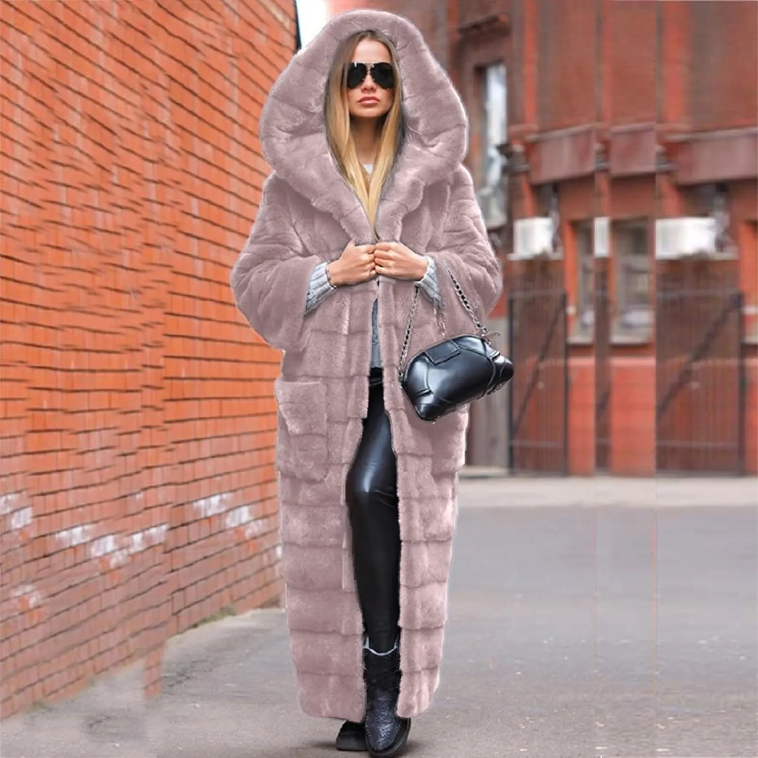 Womens Warm Parka Coats Luxury Faux Fur Fluffy Maxi Jackets Winter Fashion Hooded Full-Length Outwear with Pockets