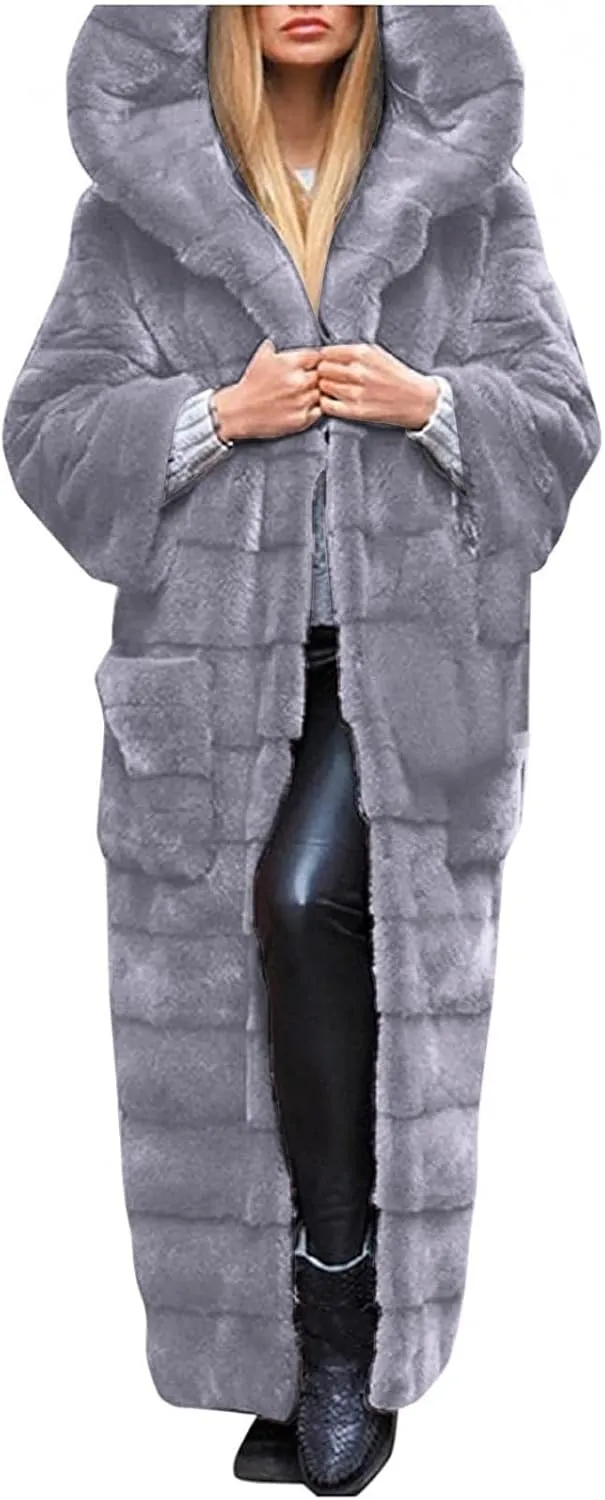 Womens Warm Parka Coats Luxury Faux Fur Fluffy Maxi Jackets Winter Fashion Hooded Full-Length Outwear with Pockets