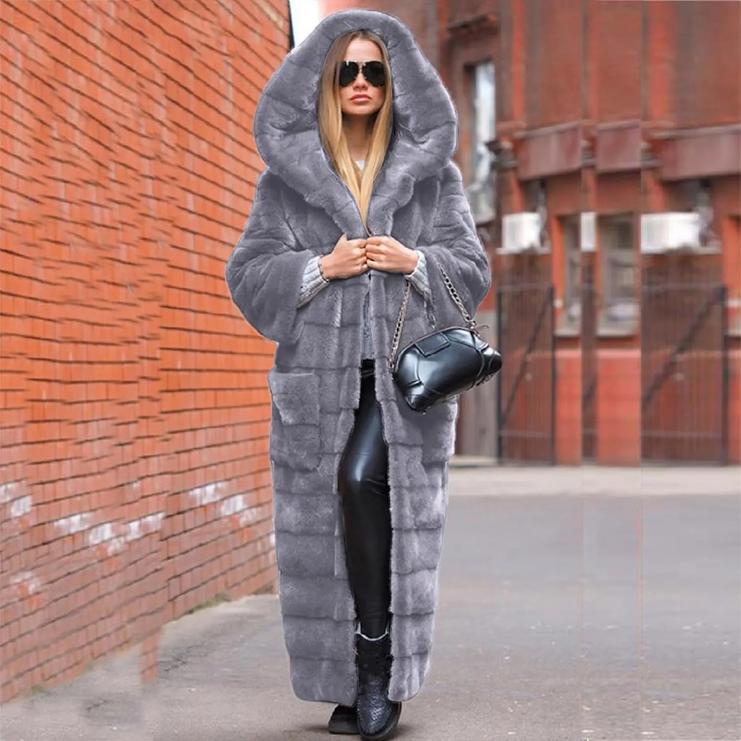 Womens Warm Parka Coats Luxury Faux Fur Fluffy Maxi Jackets Winter Fashion Hooded Full-Length Outwear with Pockets
