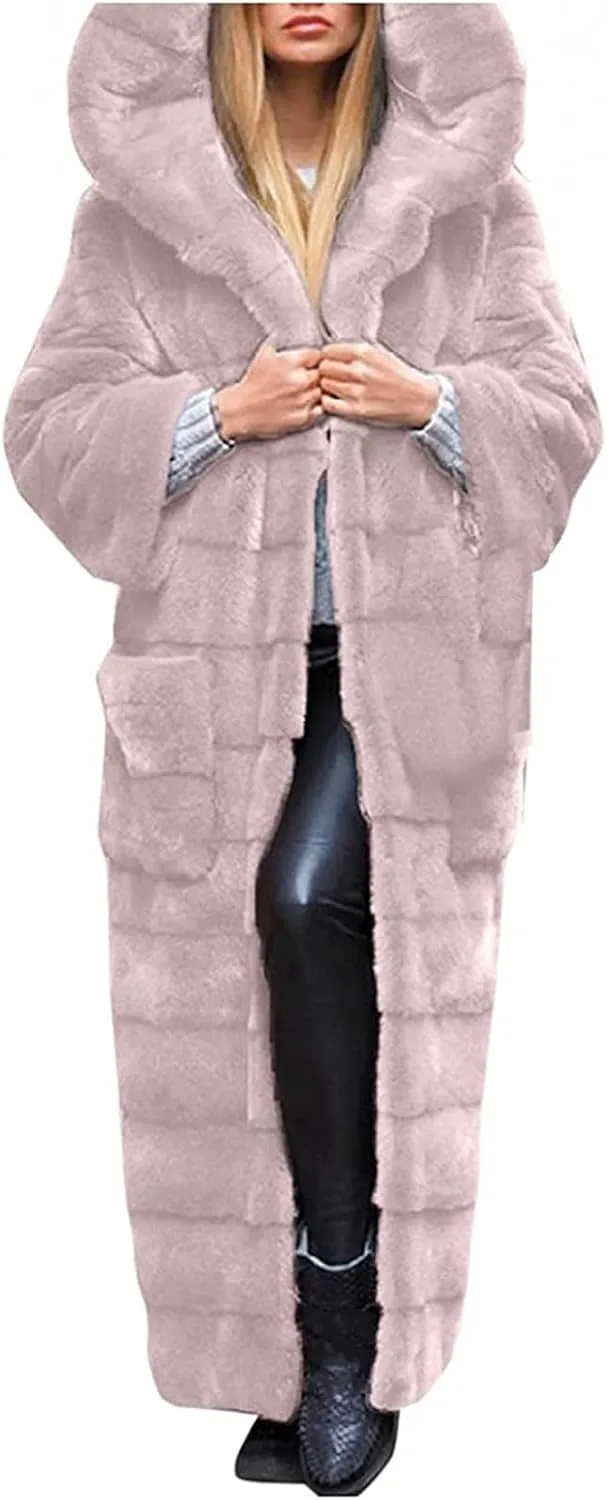 Womens Warm Parka Coats Luxury Faux Fur Fluffy Maxi Jackets Winter Fashion Hooded Full-Length Outwear with Pockets