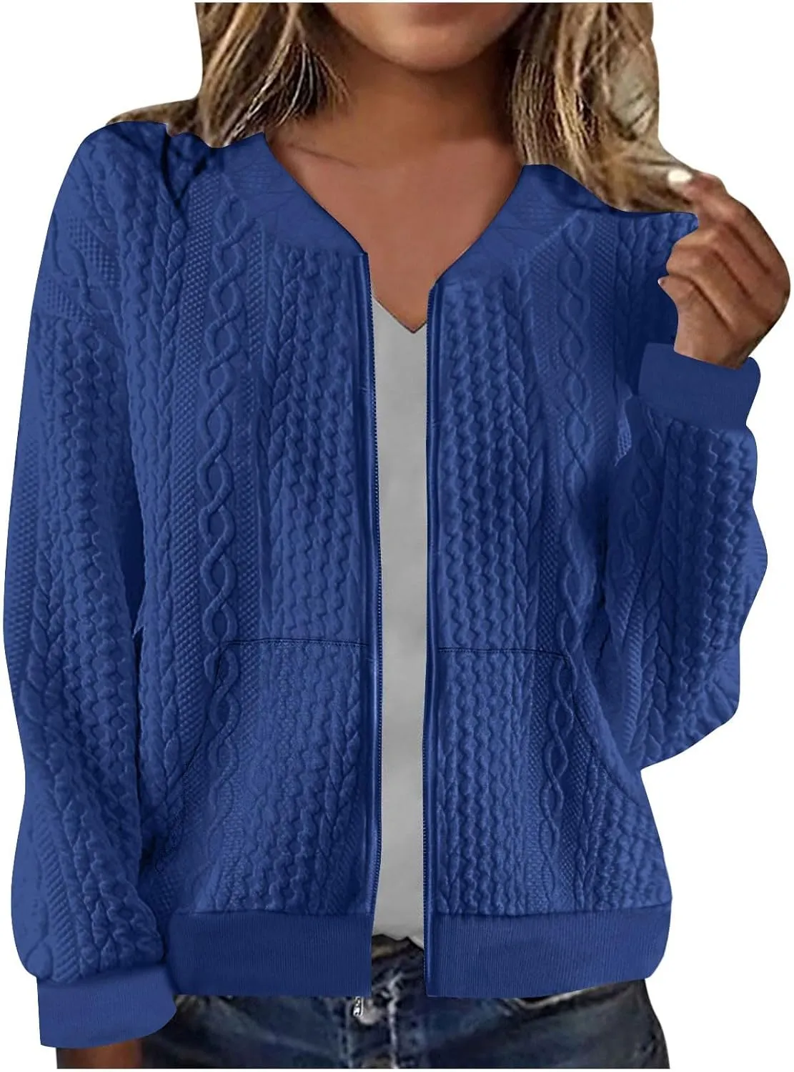 Women's Zip Up Cable Knit Sweater Long Sleeve Open Front Cardigan Warm Cardigan with Pockets Outwear Coats