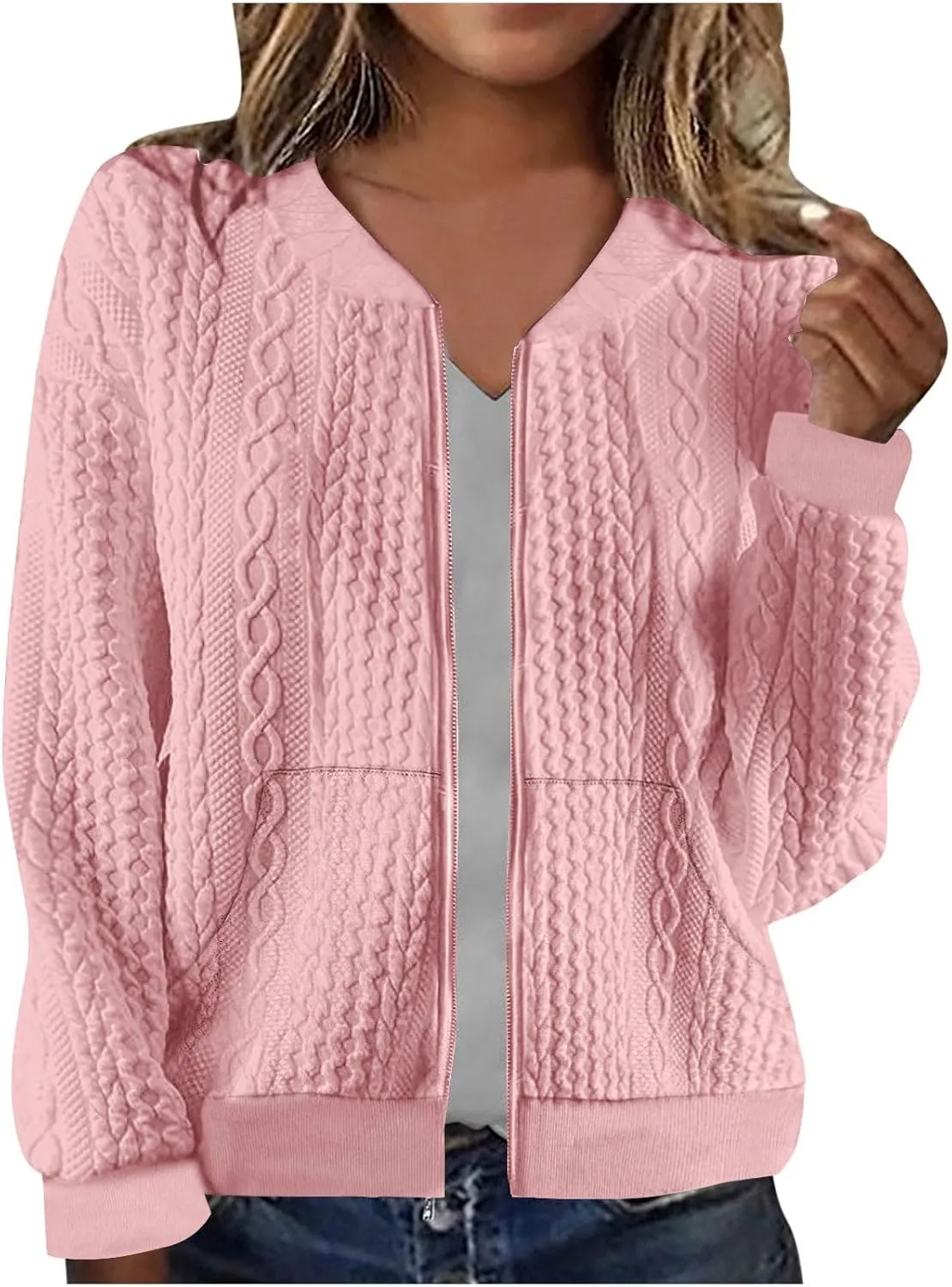 Women's Zip Up Cable Knit Sweater Long Sleeve Open Front Cardigan Warm Cardigan with Pockets Outwear Coats