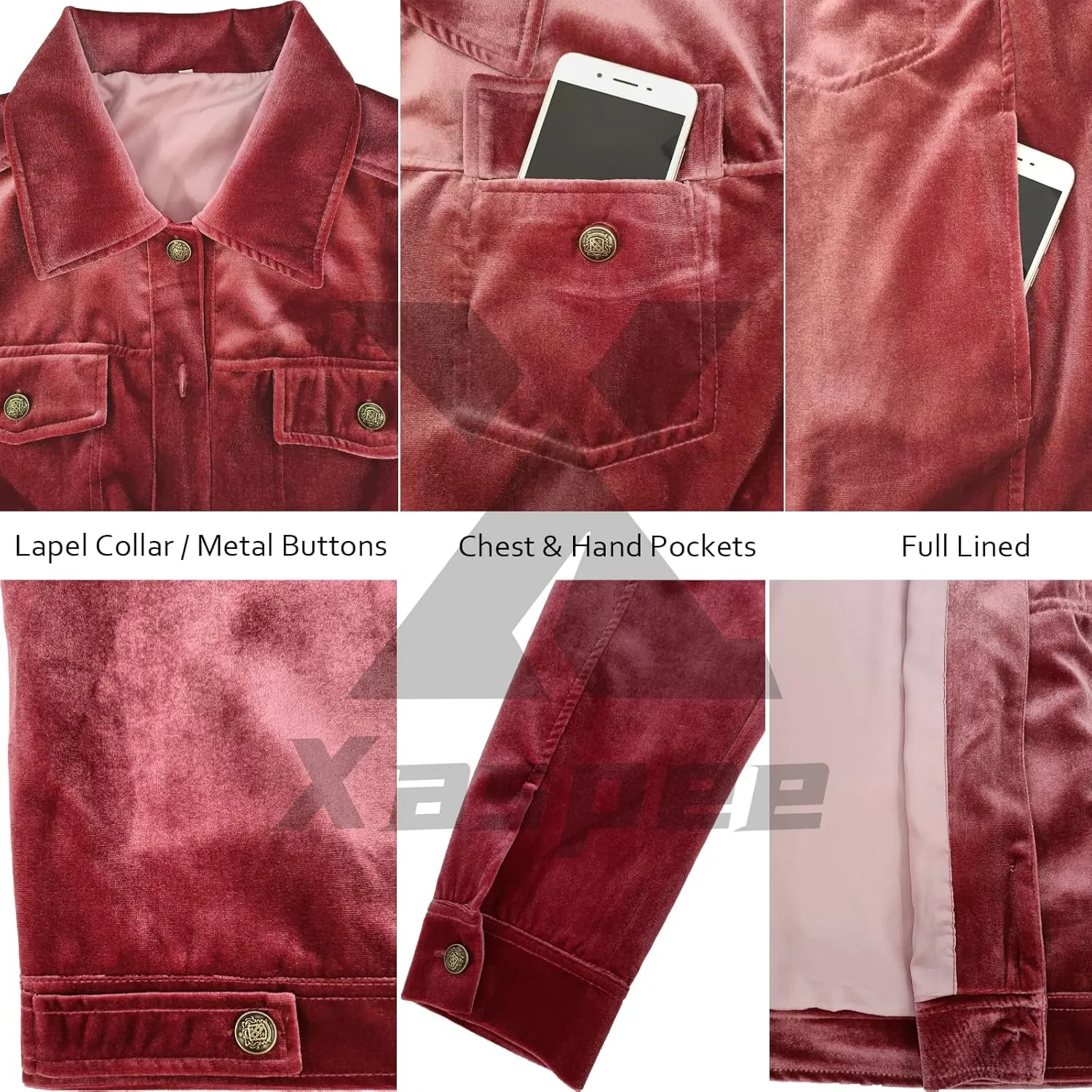 Xaspee Women's Casucal Button Down Velvet Jackets Cropped Long Sleeve Retro Denim-Style Velour Jackets