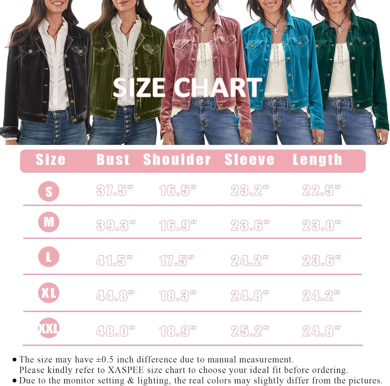 Xaspee Women's Casucal Button Down Velvet Jackets Cropped Long Sleeve Retro Denim-Style Velour Jackets