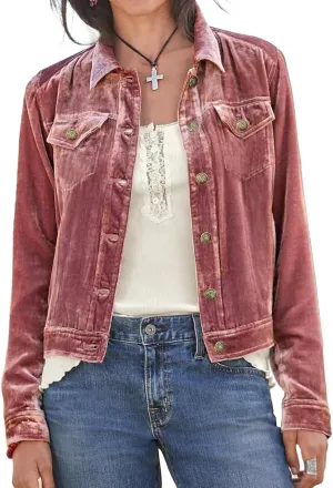 Xaspee Women's Casucal Button Down Velvet Jackets Cropped Long Sleeve Retro Denim-Style Velour Jackets