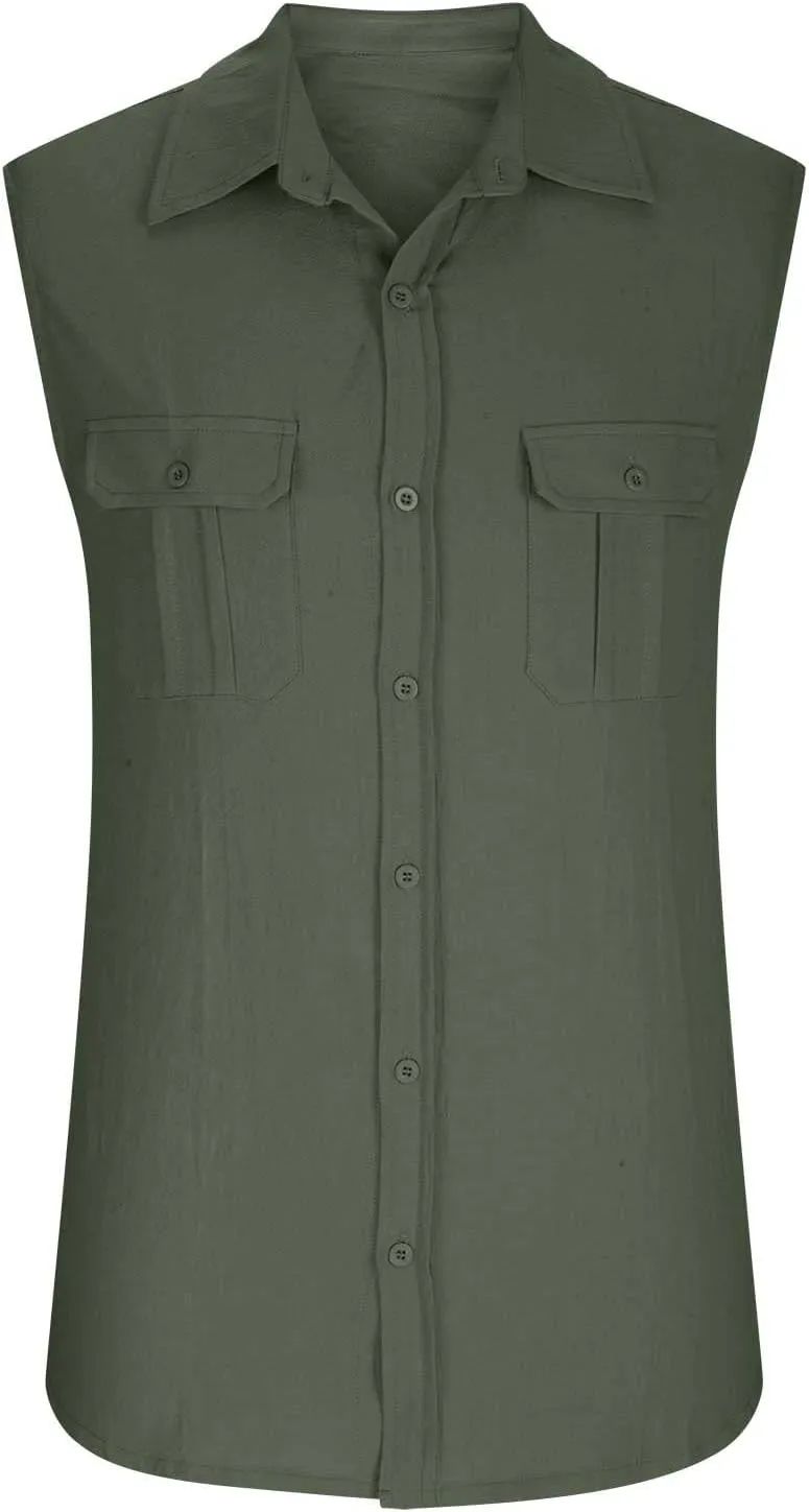 Xiaojmake Mens Sleeveless Button Down Shirts Collared Cotton Linen T-Shirt Summer Beach Basic Tank Tops Vest with Pockets