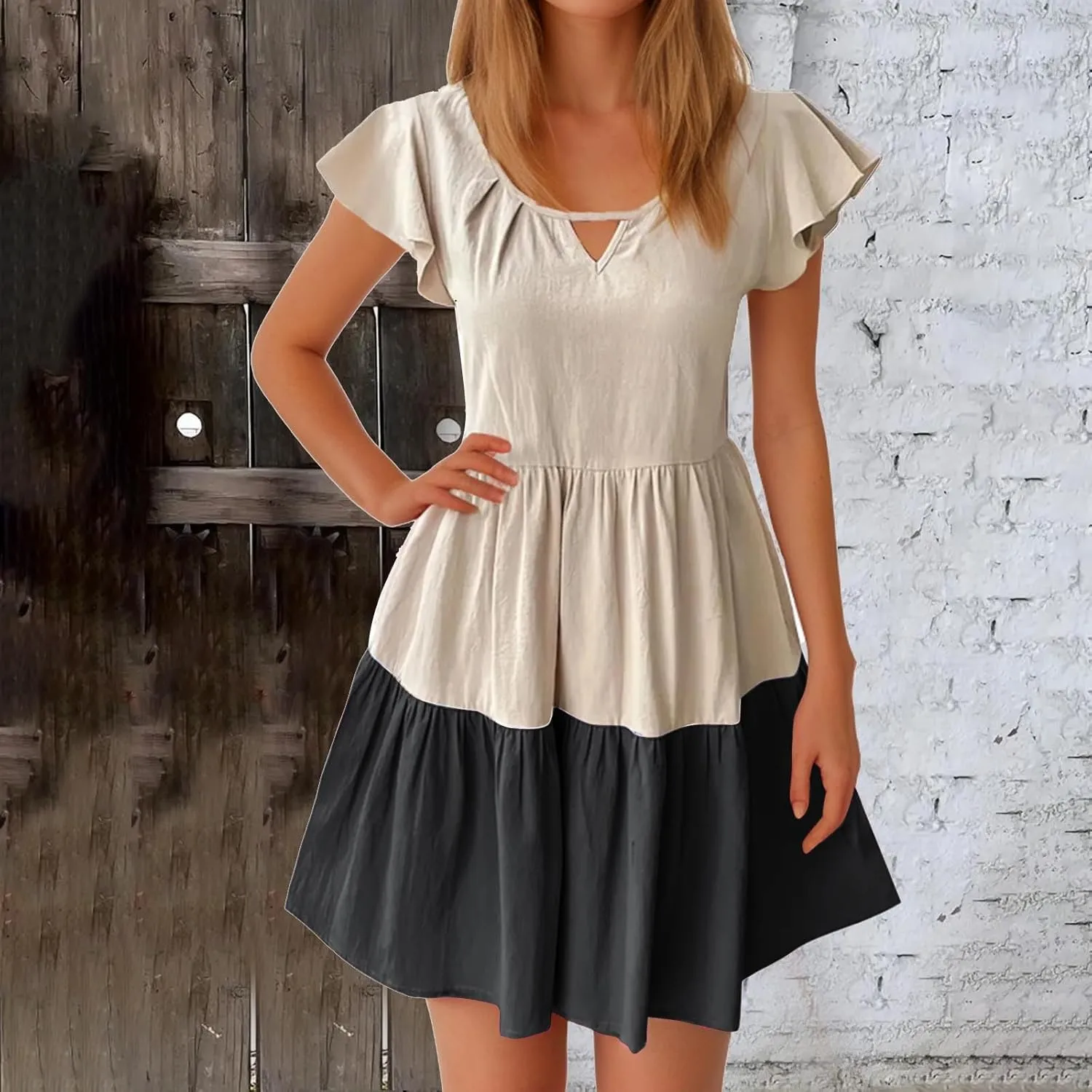 yardsong Summer Casual Dresses for Women 2025 A-Line Ruffle Sleeve Boho Dress Keyhole Beach Vacation Swing Mini Dresses