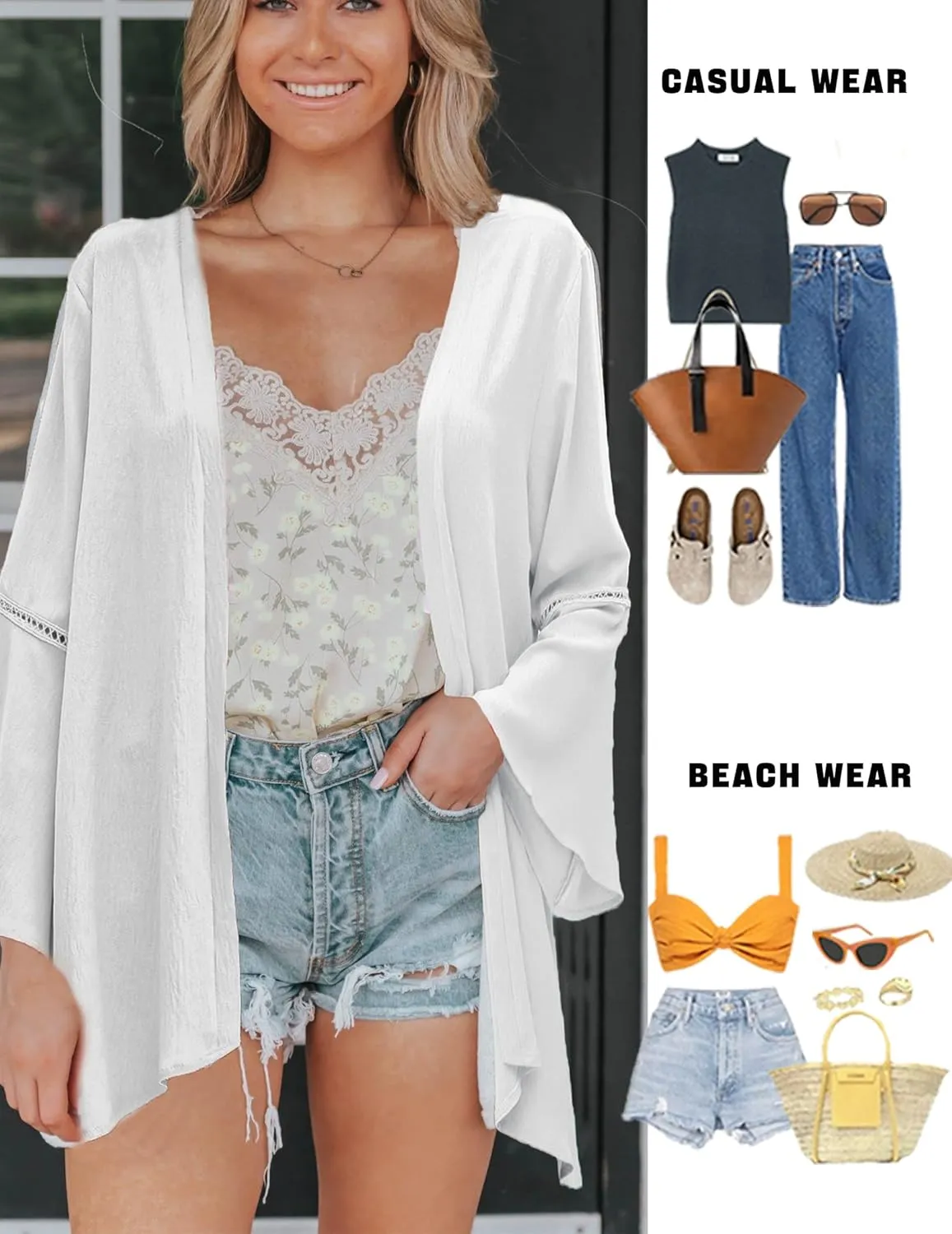 Yekaty Kimonos for Women Bell Sleeve Loose Kimono Cardigan Casual Open Front Beach Cover Up 2024