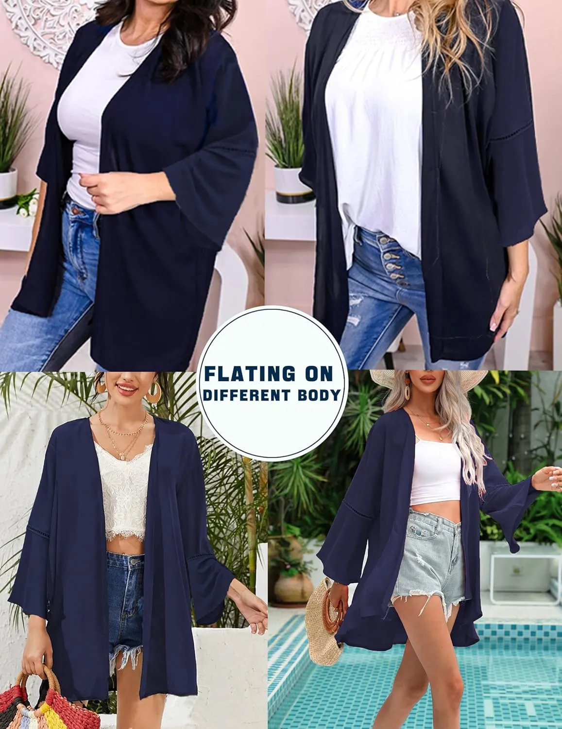 Yekaty Kimonos for Women Bell Sleeve Loose Kimono Cardigan Casual Open Front Beach Cover Up 2024