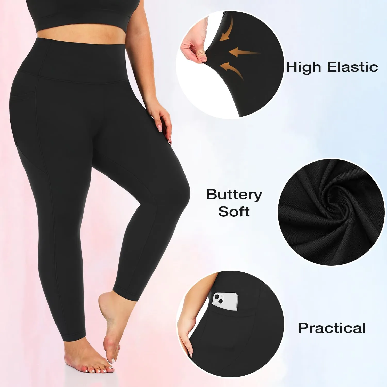 yeuG Women's Plus Size Leggings with Pocket-High Waist Tummy Control Yoga Pants Workout Running Black Leggings