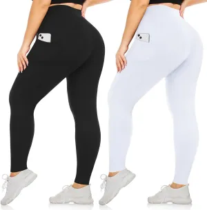 yeuG Women's Plus Size Leggings with Pocket-High Waist Tummy Control Yoga Pants Workout Running Black Leggings