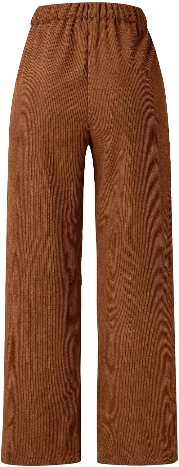 YOLAI Casual High Waist Straight Wide Leg Trousers Women Solid Color Corduroy Pants