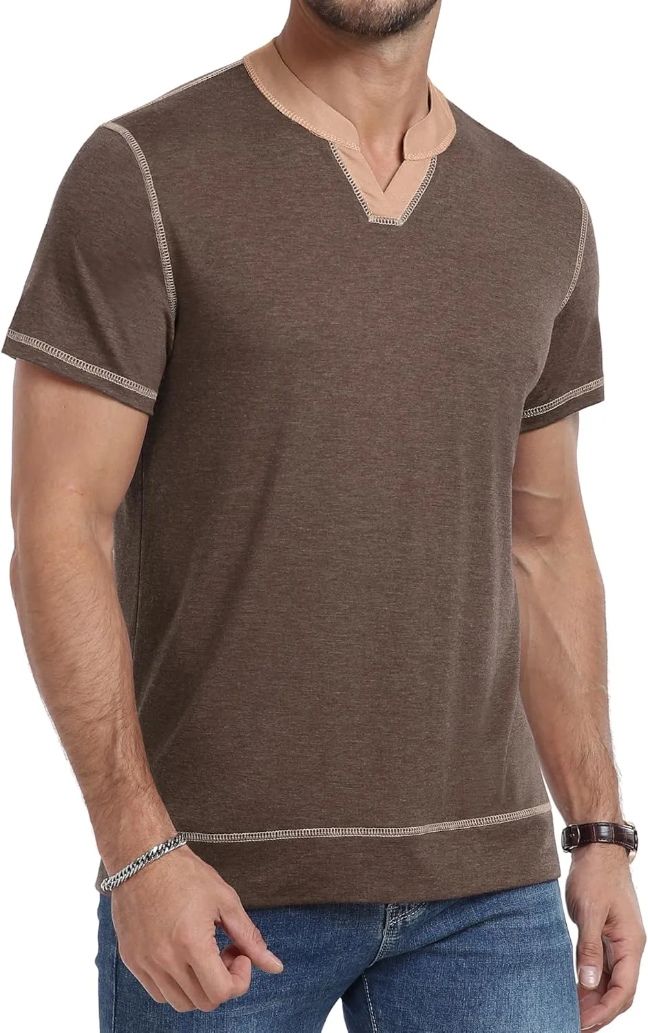 YTD Mens Henley Shirts Short Sleeve Casual V Neck Basic Tee Shirts Summer Vintage T-Shirts