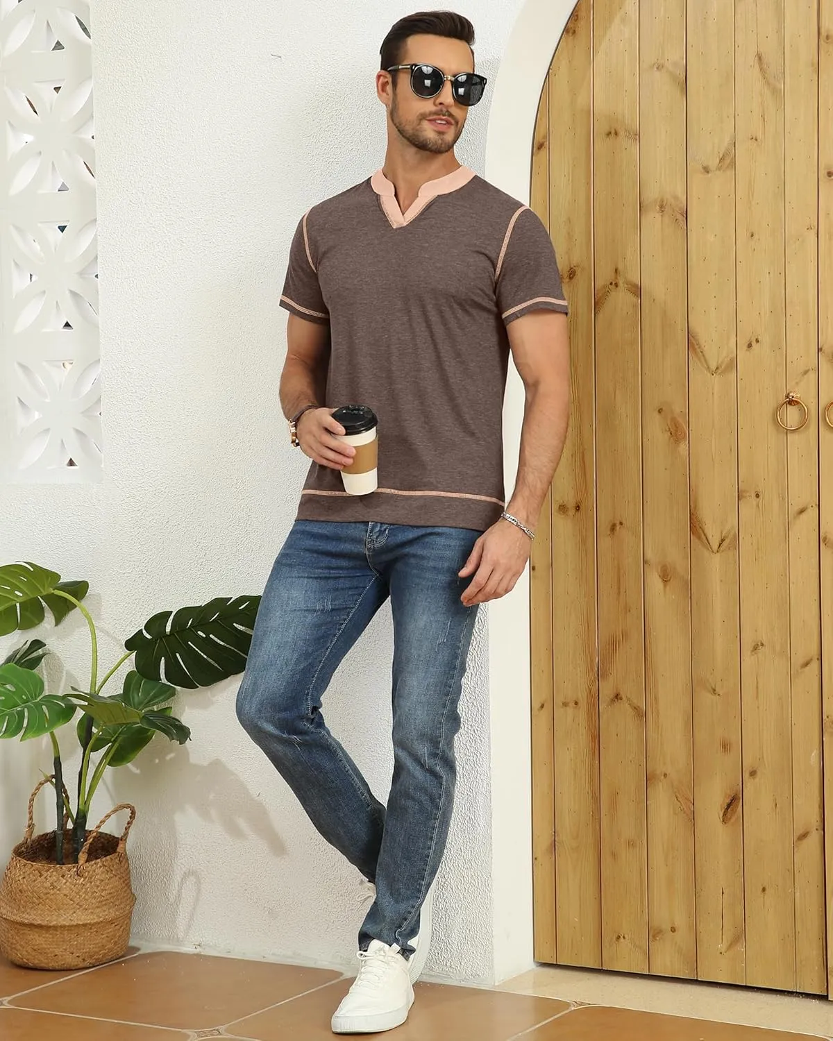 YTD Mens Henley Shirts Short Sleeve Casual V Neck Basic Tee Shirts Summer Vintage T-Shirts
