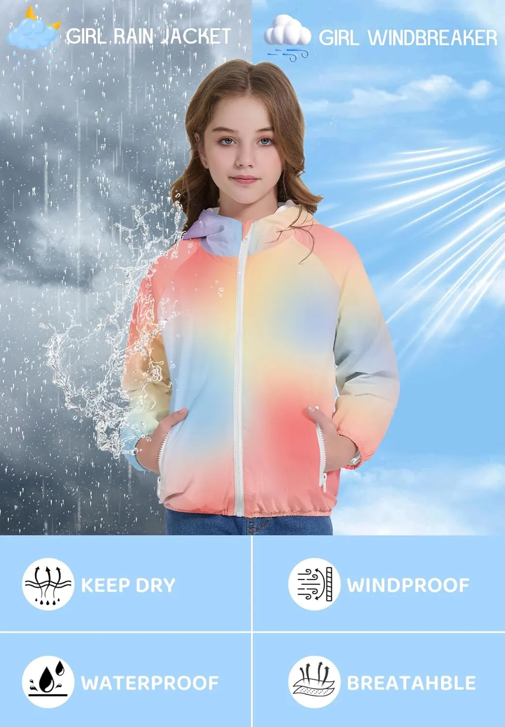 Zando Girls Rain Jacket Lightweight Waterproof Hooded Jackets Girls' Outerwear Jackets & Coats for Girls 4-10Y