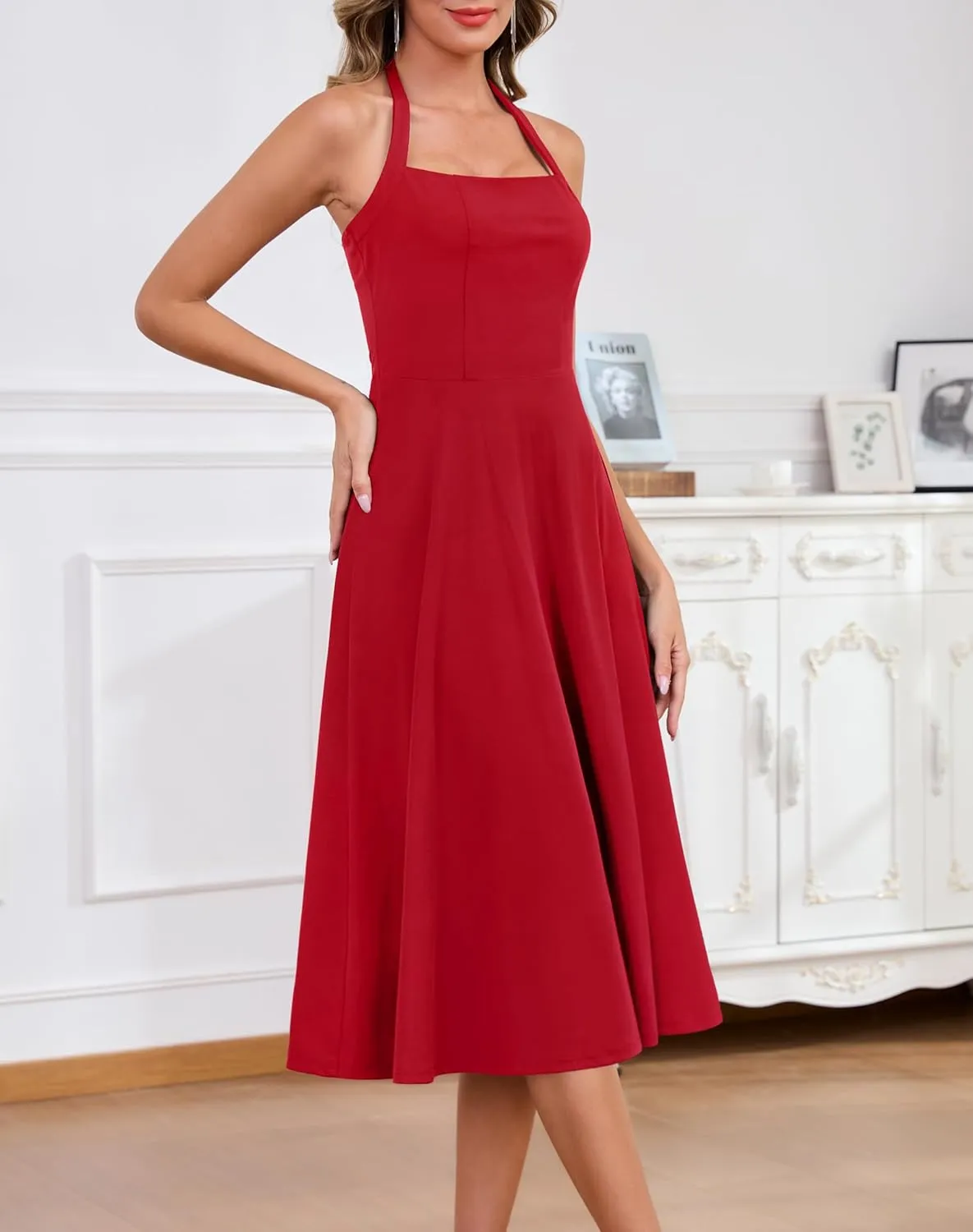 Zattcas Womens 2025 Spring Summer Halter Neck Sleeveless Flowy Swing Wedding Guest Dress Prom Cocktail Party Midi Dress
