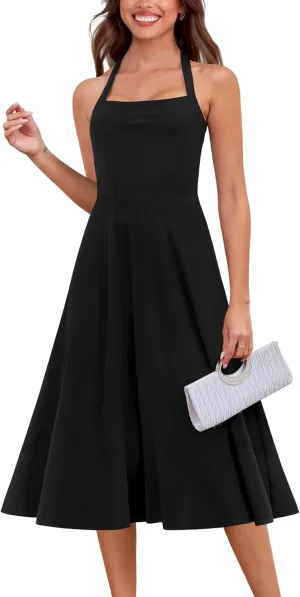 Zattcas Womens 2025 Spring Summer Halter Neck Sleeveless Flowy Swing Wedding Guest Dress Prom Cocktail Party Midi Dress