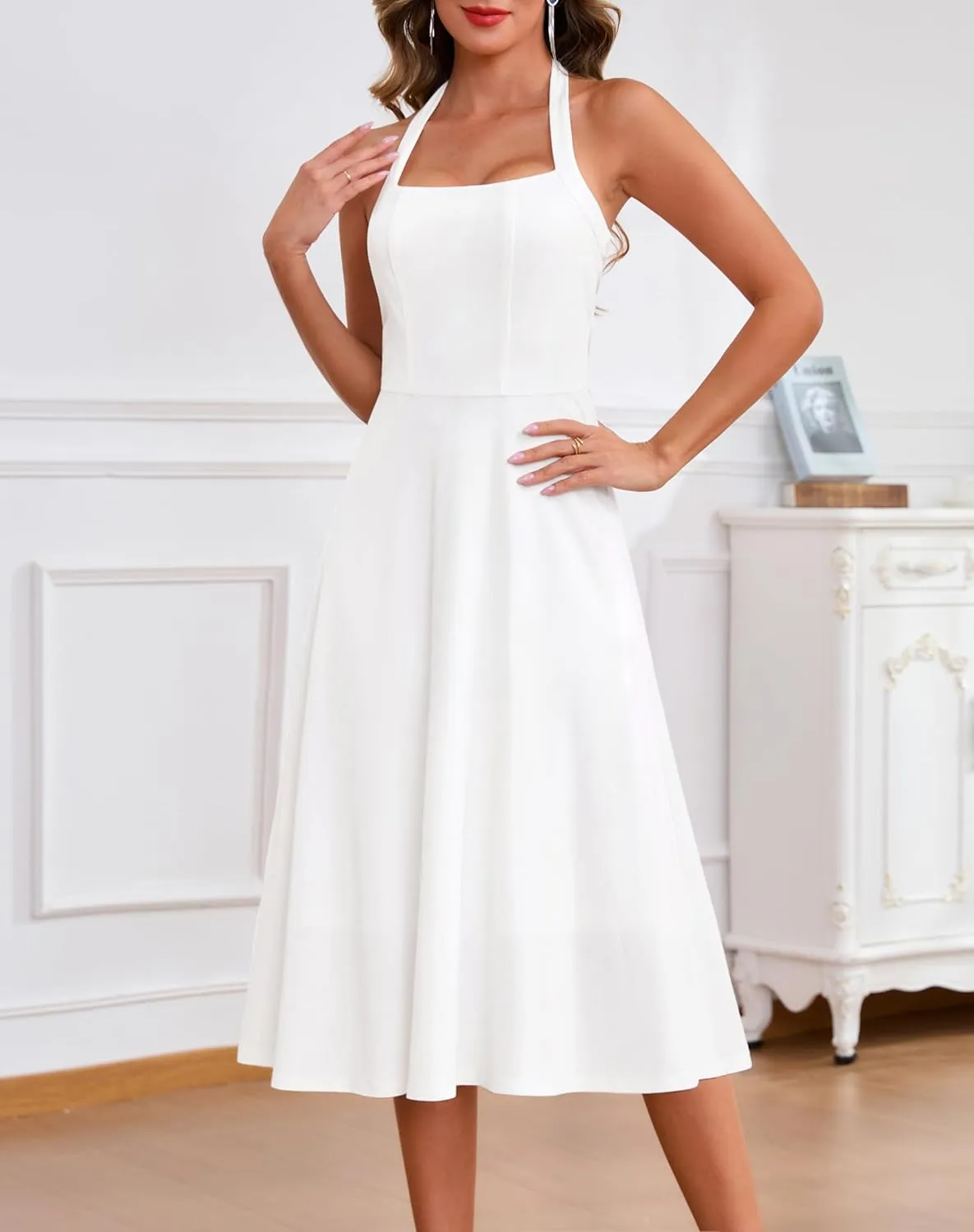 Zattcas Womens 2025 Spring Summer Halter Neck Sleeveless Flowy Swing Wedding Guest Dress Prom Cocktail Party Midi Dress