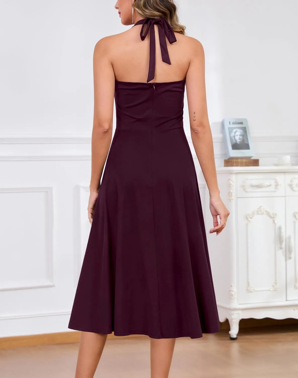 Zattcas Womens 2025 Spring Summer Halter Neck Sleeveless Flowy Swing Wedding Guest Dress Prom Cocktail Party Midi Dress