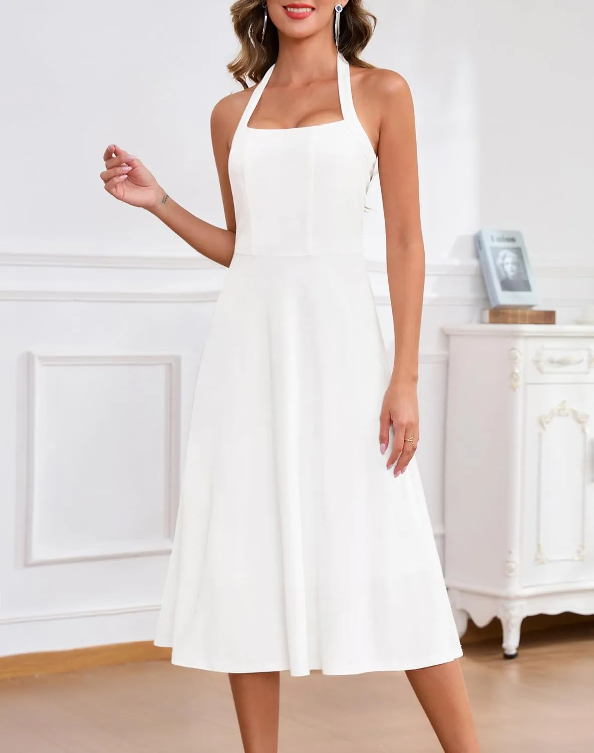 Zattcas Womens 2025 Spring Summer Halter Neck Sleeveless Flowy Swing Wedding Guest Dress Prom Cocktail Party Midi Dress