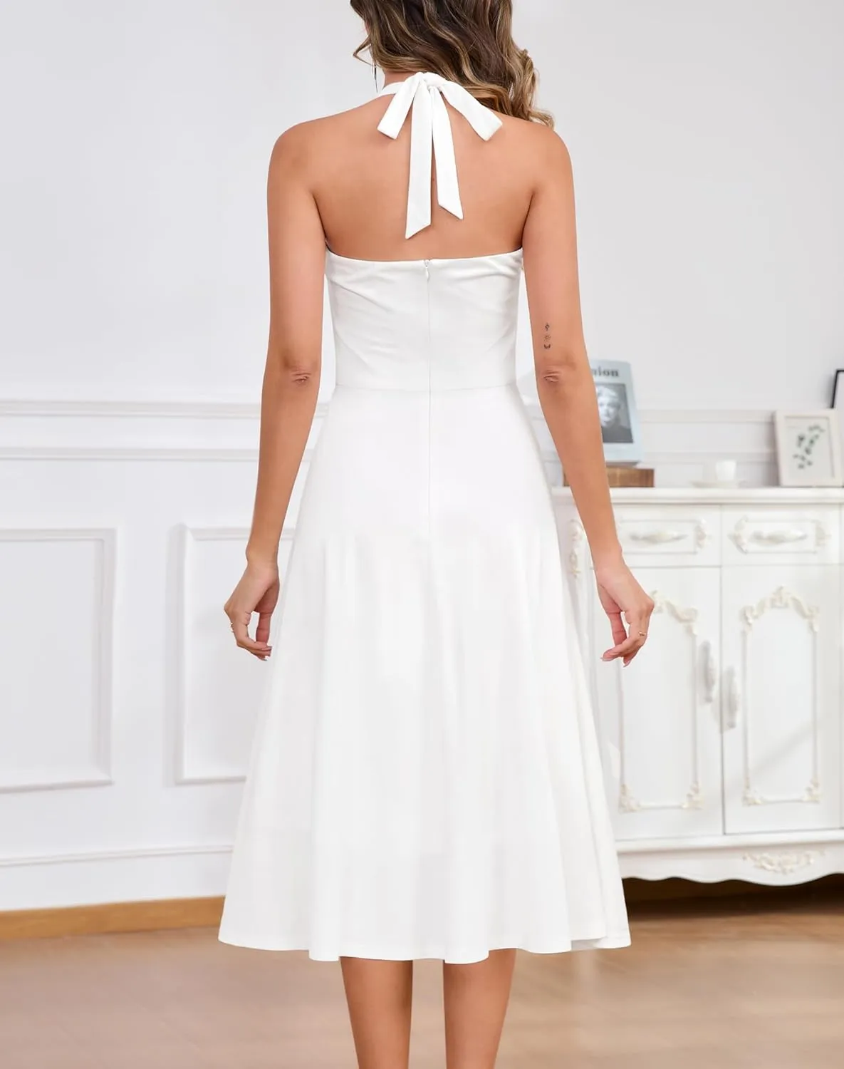 Zattcas Womens 2025 Spring Summer Halter Neck Sleeveless Flowy Swing Wedding Guest Dress Prom Cocktail Party Midi Dress