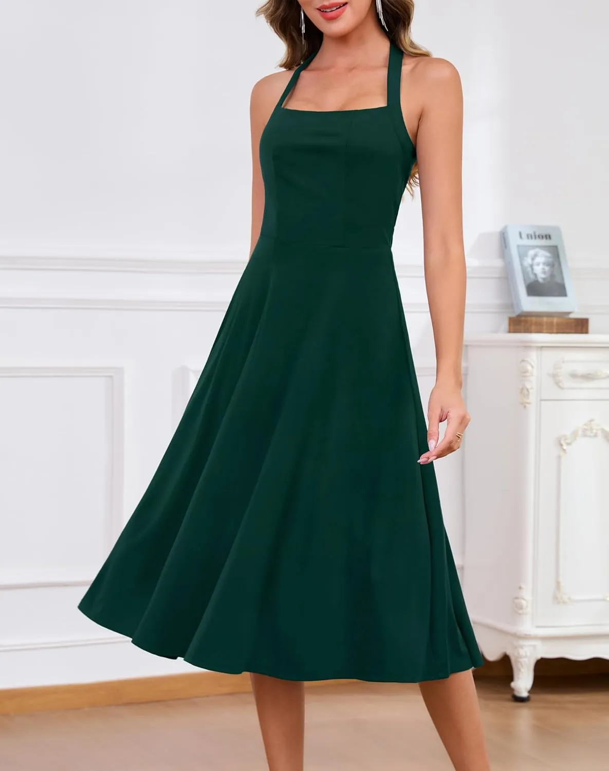 Zattcas Womens 2025 Spring Summer Halter Neck Sleeveless Flowy Swing Wedding Guest Dress Prom Cocktail Party Midi Dress