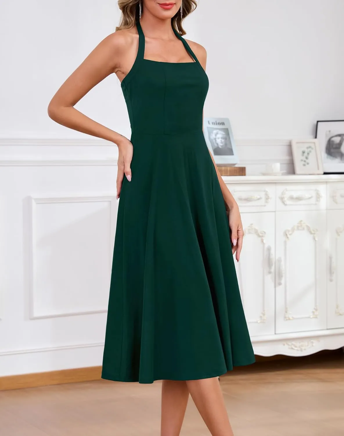 Zattcas Womens 2025 Spring Summer Halter Neck Sleeveless Flowy Swing Wedding Guest Dress Prom Cocktail Party Midi Dress