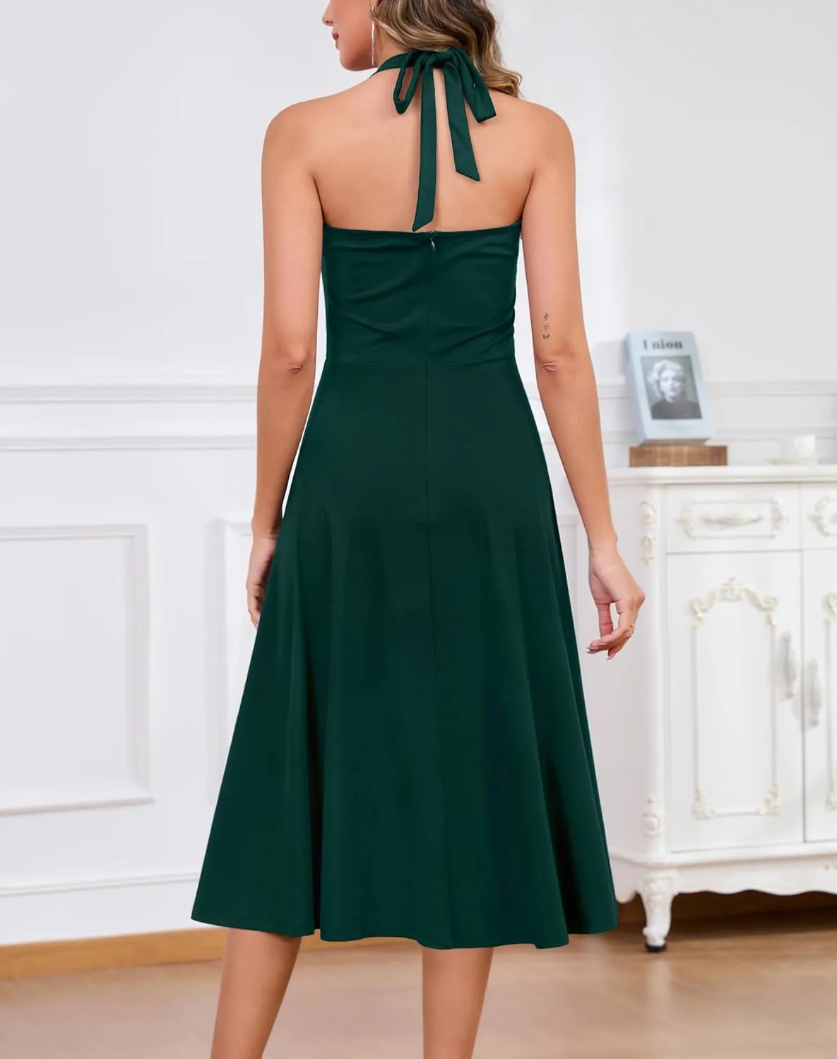 Zattcas Womens 2025 Spring Summer Halter Neck Sleeveless Flowy Swing Wedding Guest Dress Prom Cocktail Party Midi Dress