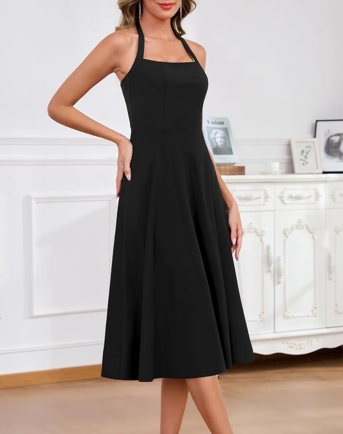 Zattcas Womens 2025 Spring Summer Halter Neck Sleeveless Flowy Swing Wedding Guest Dress Prom Cocktail Party Midi Dress