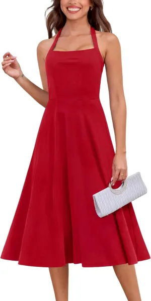 Zattcas Womens 2025 Spring Summer Halter Neck Sleeveless Flowy Swing Wedding Guest Dress Prom Cocktail Party Midi Dress
