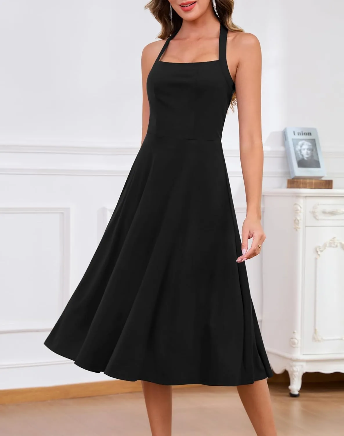 Zattcas Womens 2025 Spring Summer Halter Neck Sleeveless Flowy Swing Wedding Guest Dress Prom Cocktail Party Midi Dress
