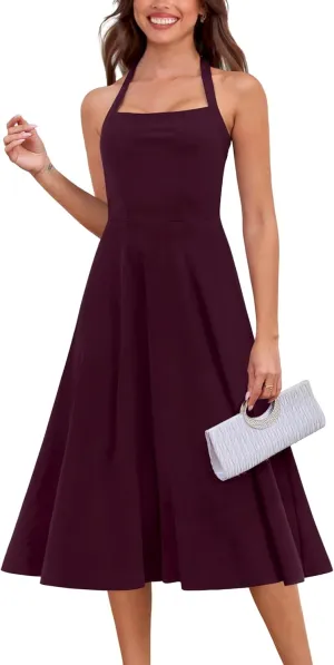 Zattcas Womens 2025 Spring Summer Halter Neck Sleeveless Flowy Swing Wedding Guest Dress Prom Cocktail Party Midi Dress